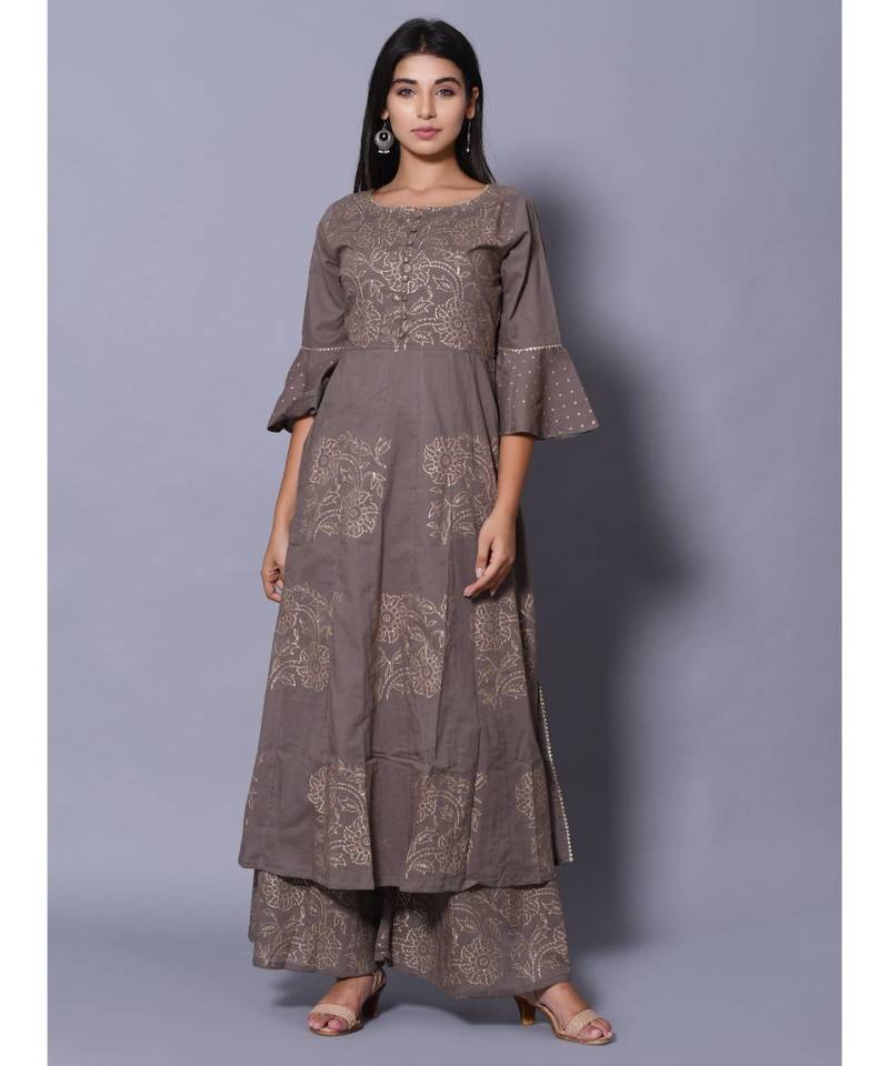 Grey block print cotton kurta sets