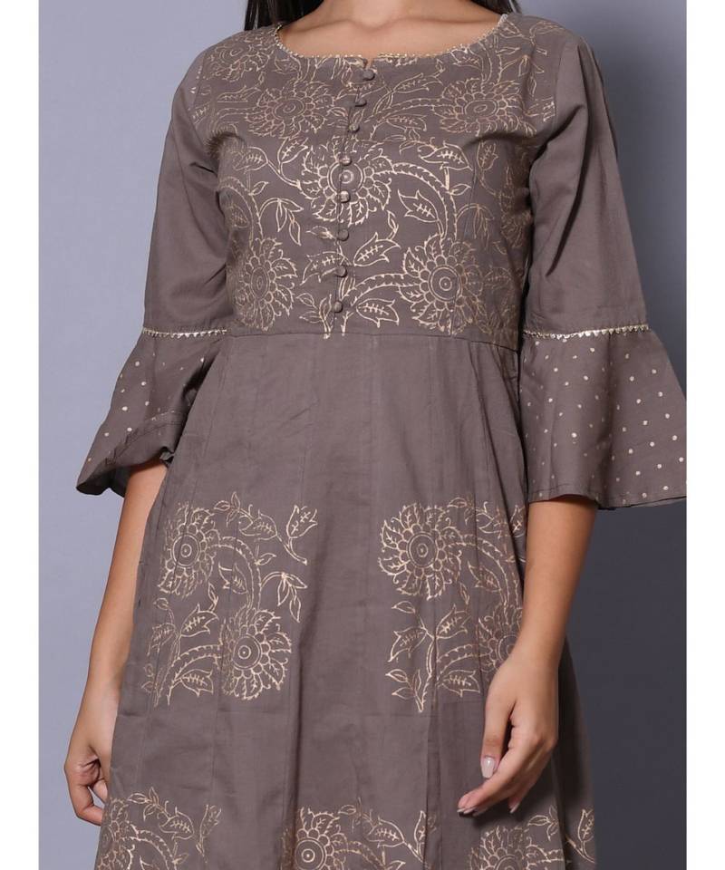 Grey block print cotton kurta sets