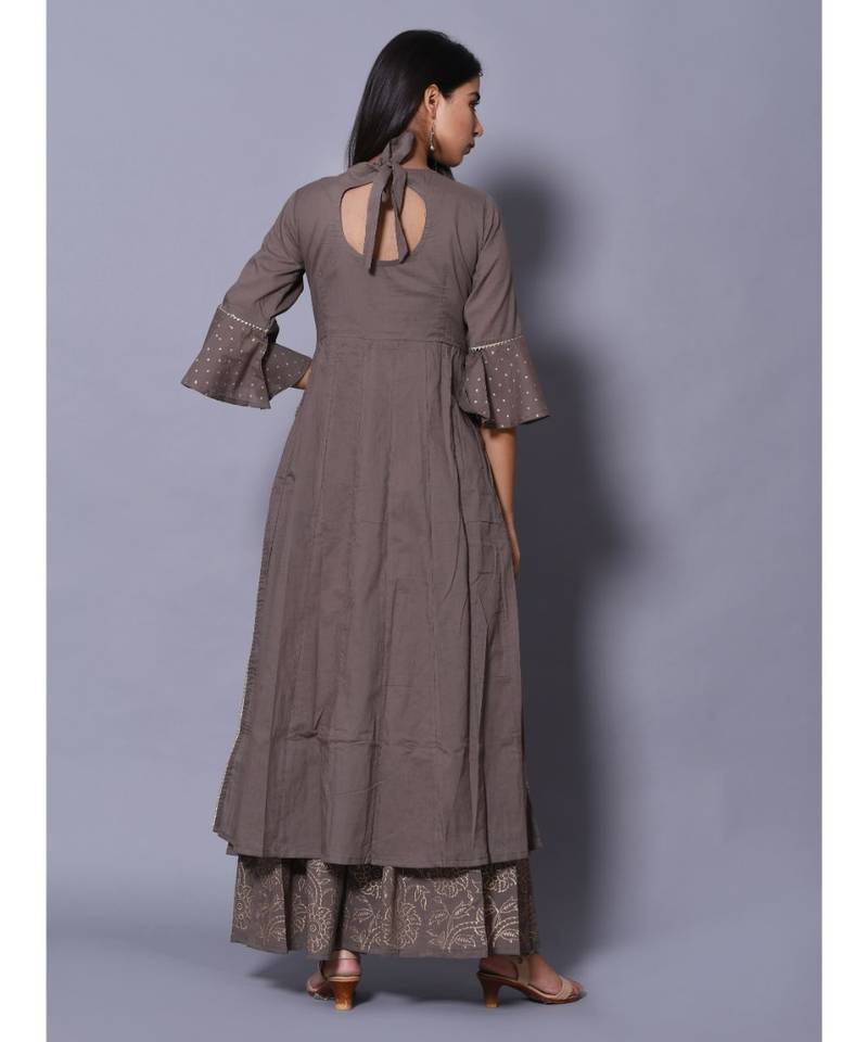 Grey block print cotton kurta sets