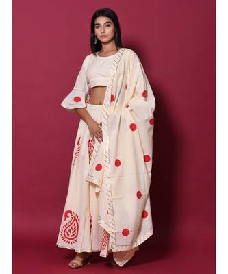 Beige printed cotton readymade lehenga cholis 5