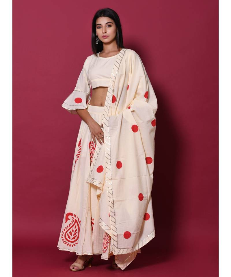 Beige printed cotton readymade lehenga cholis