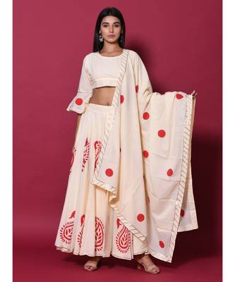Beige printed cotton readymade lehenga cholis 6