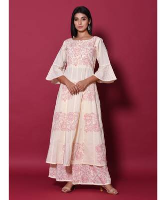 Beige block print cotton kurta sets 1