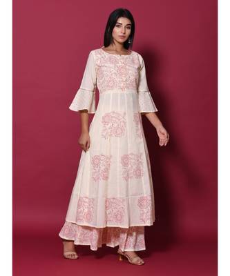 Beige block print cotton kurta sets 2