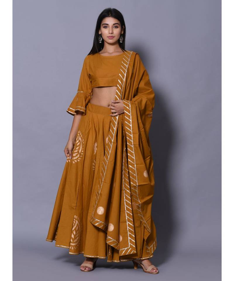 yellow printed cotton readymade lehenga cholis