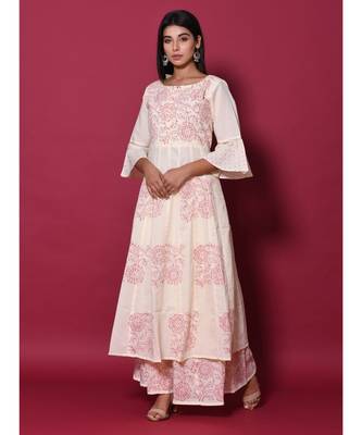 Beige block print cotton kurta sets 3