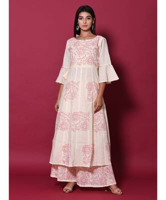 Beige block print cotton kurta sets 4