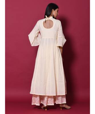 Beige block print cotton kurta sets 6