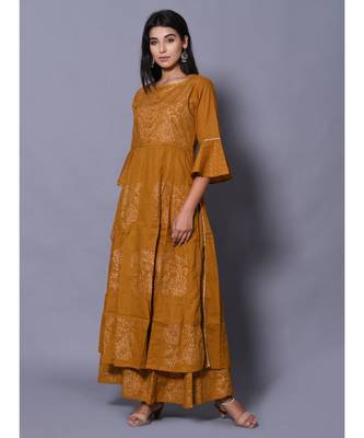 yellow block print cotton kurta sets 1