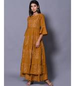 yellow block print cotton kurta sets