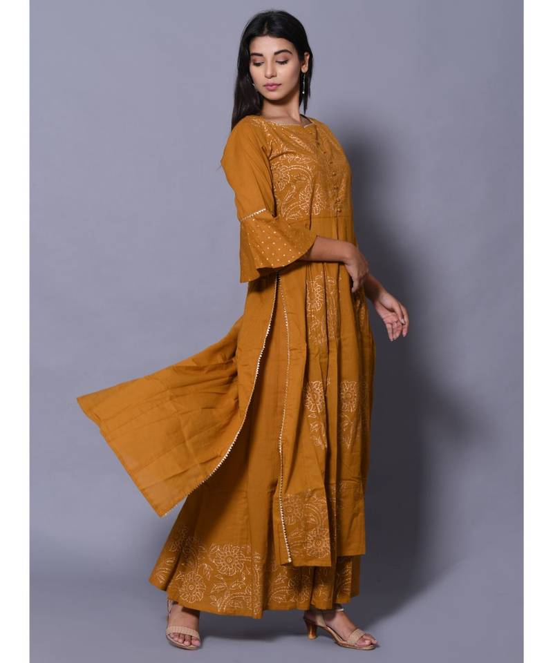 yellow block print cotton kurta sets