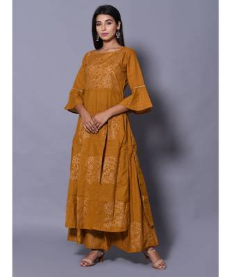 yellow block print cotton kurta sets 3