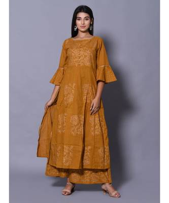 yellow block print cotton kurta sets 4