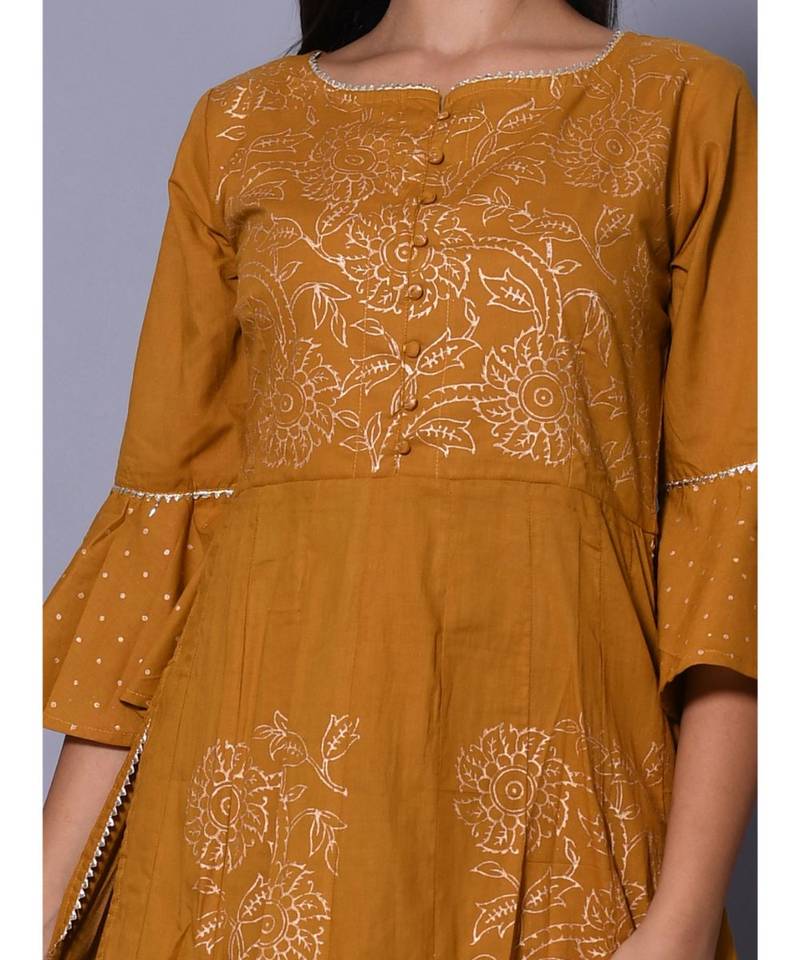 yellow block print cotton kurta sets