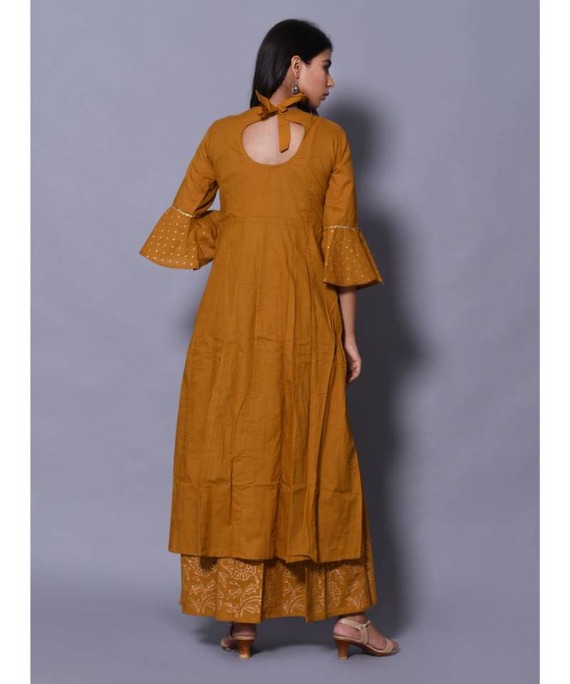 yellow block print cotton kurta sets