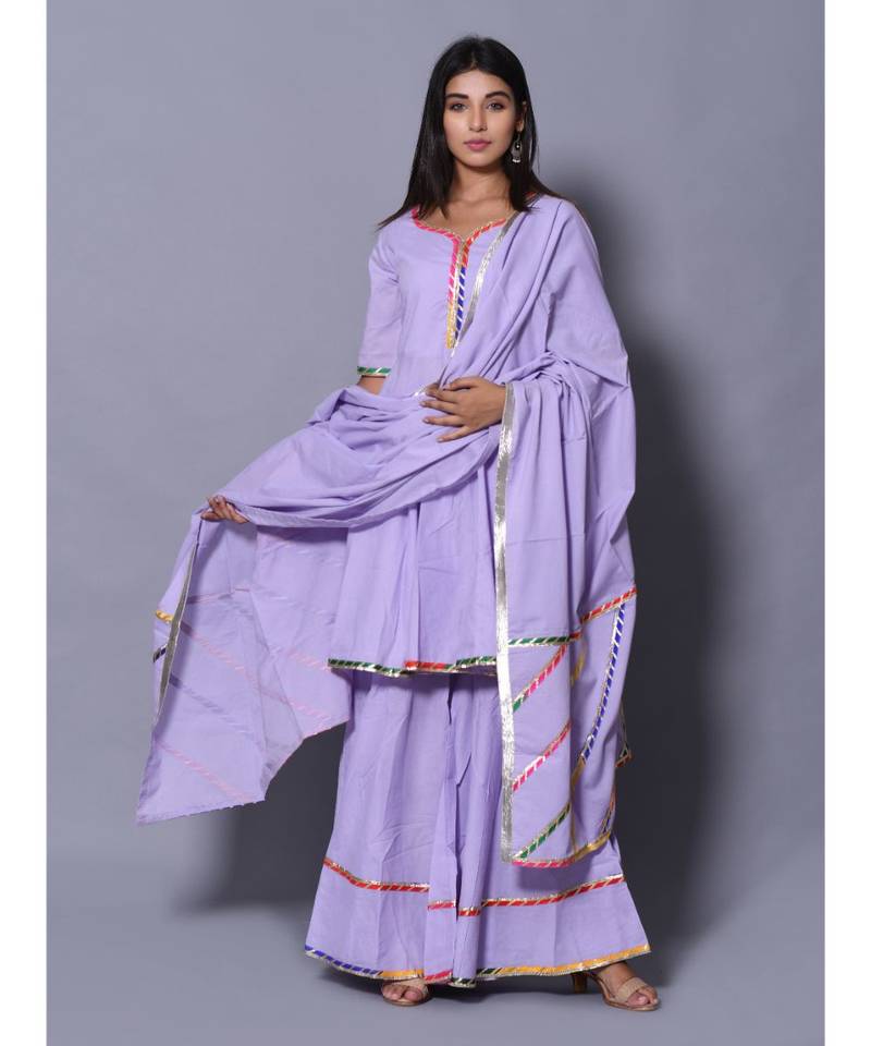 Purple block print cotton kurta sets
