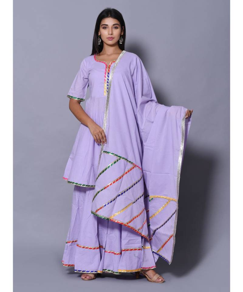 Purple block print cotton kurta sets