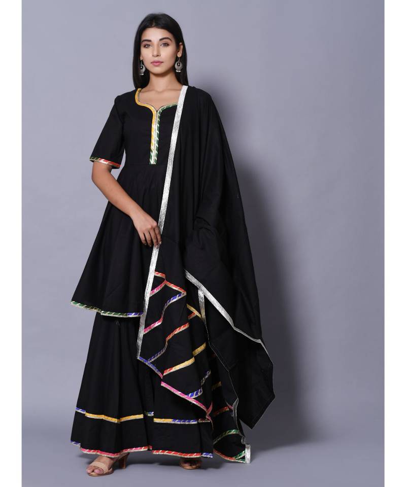 Black block print cotton kurta sets