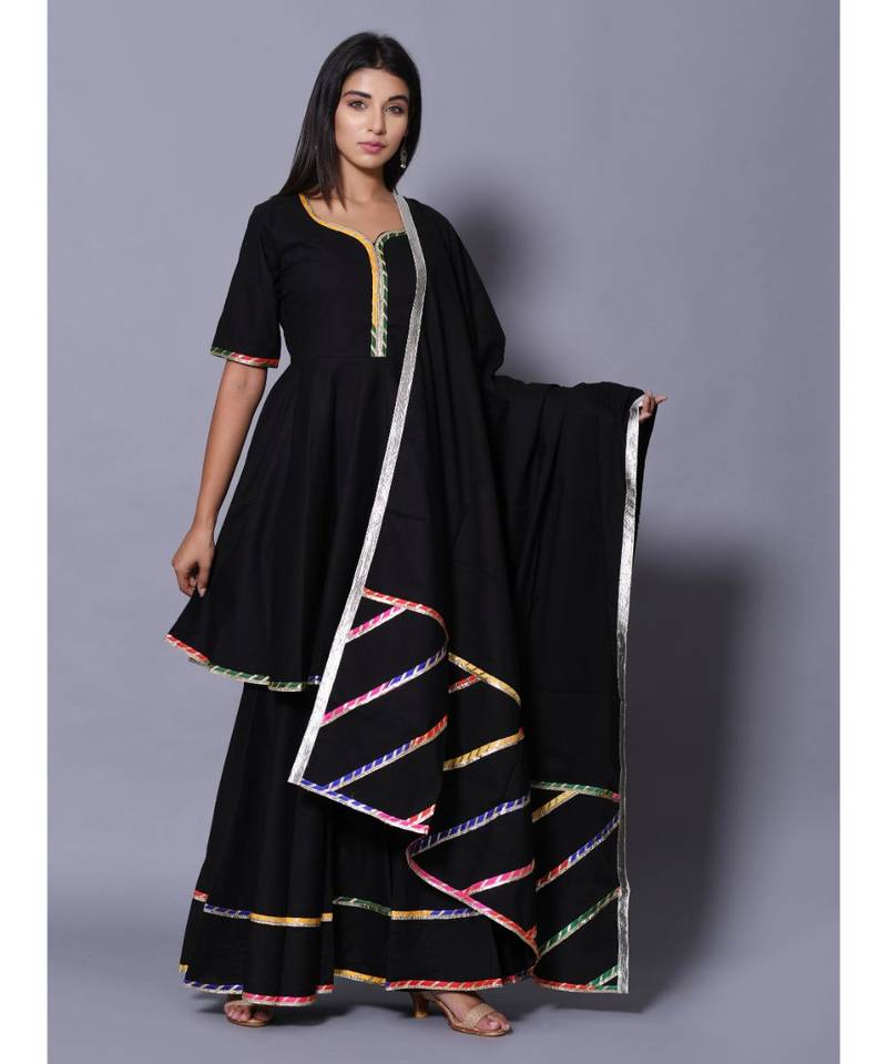 Black block print cotton kurta sets