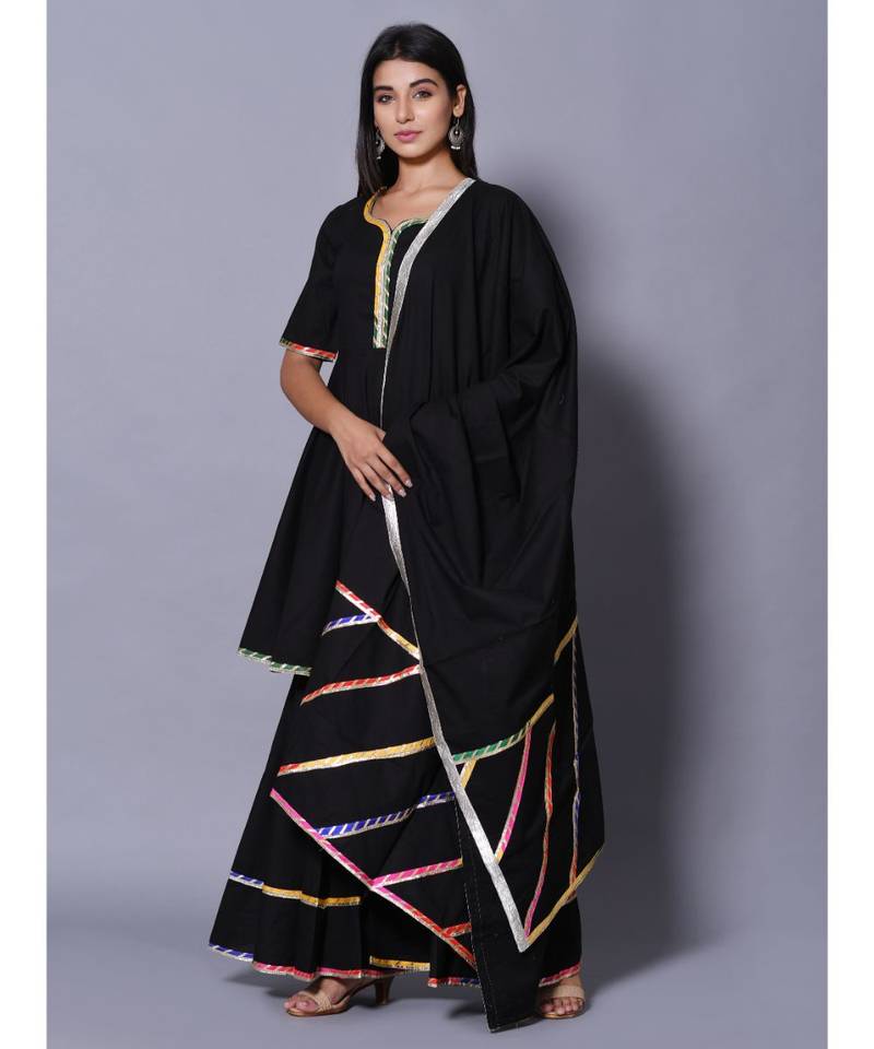 Black block print cotton kurta sets