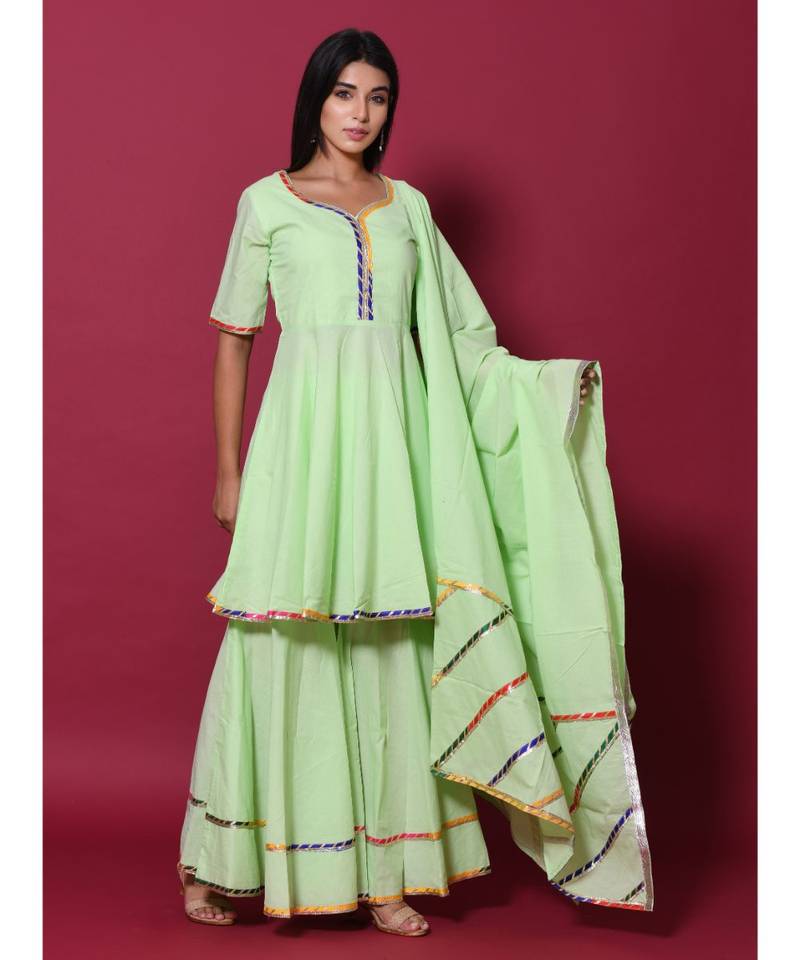 green block print cotton kurta sets