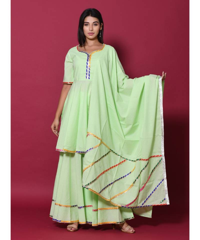 green block print cotton kurta sets
