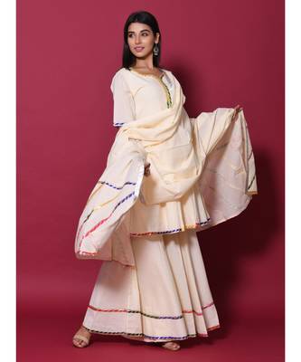 Beige block print cotton kurta sets 1