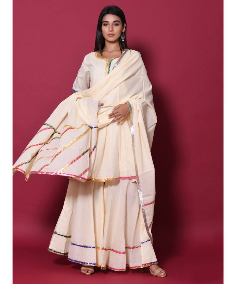 Beige block print cotton kurta sets