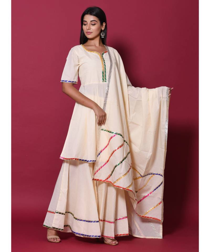 Beige block print cotton kurta sets