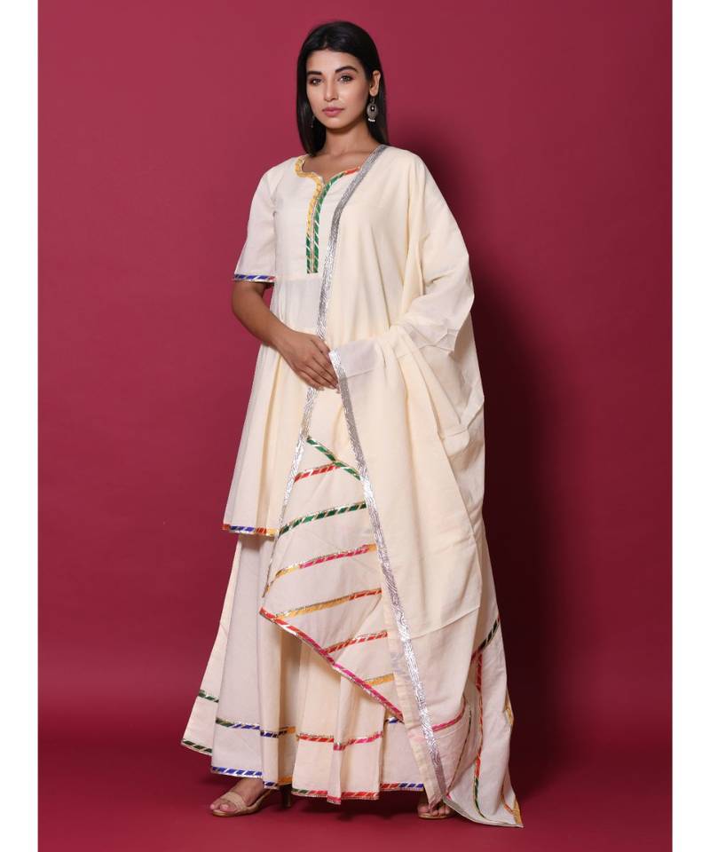 Beige block print cotton kurta sets