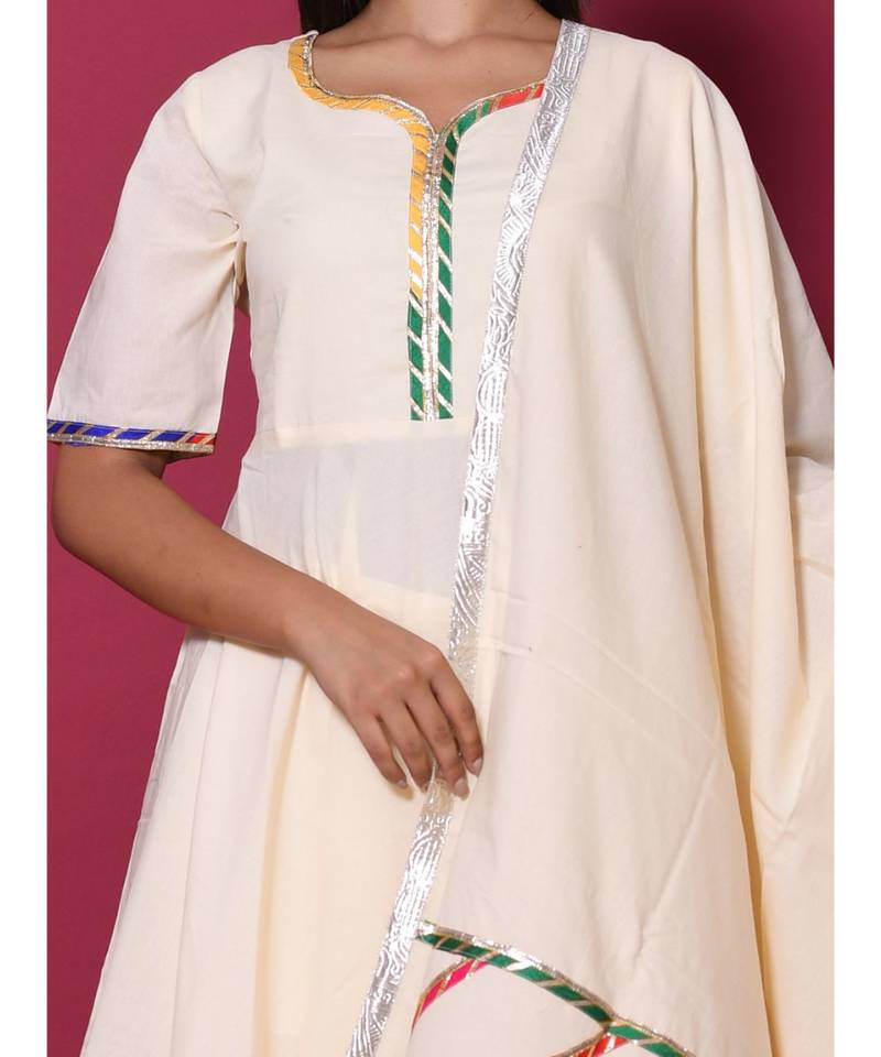 Beige block print cotton kurta sets