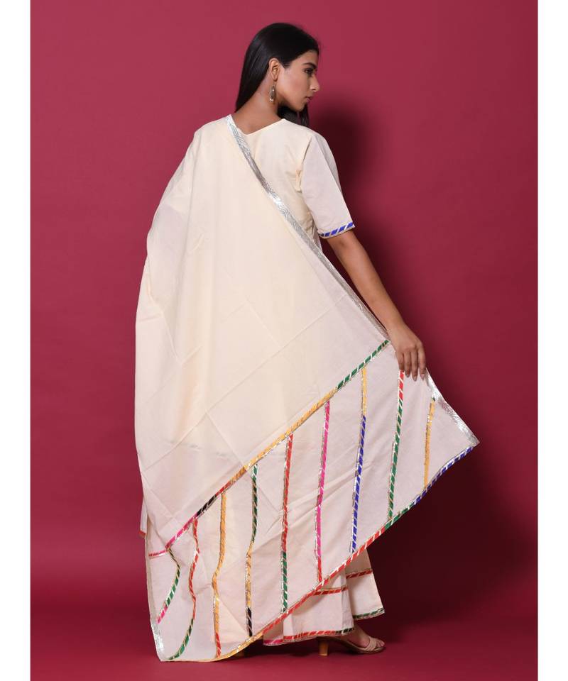 Beige block print cotton kurta sets