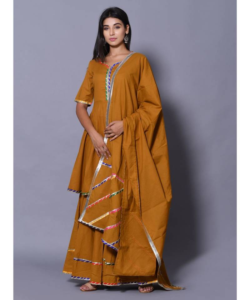 yellow block print cotton kurta sets