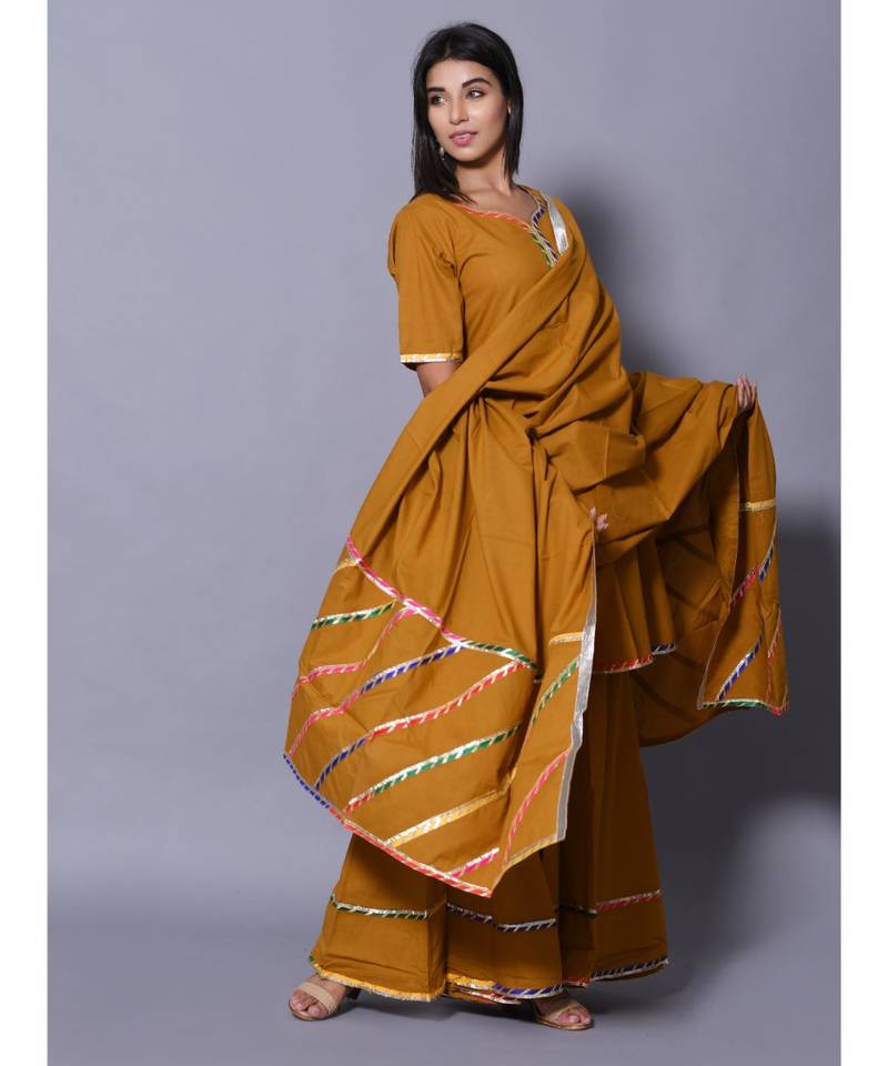 yellow block print cotton kurta sets