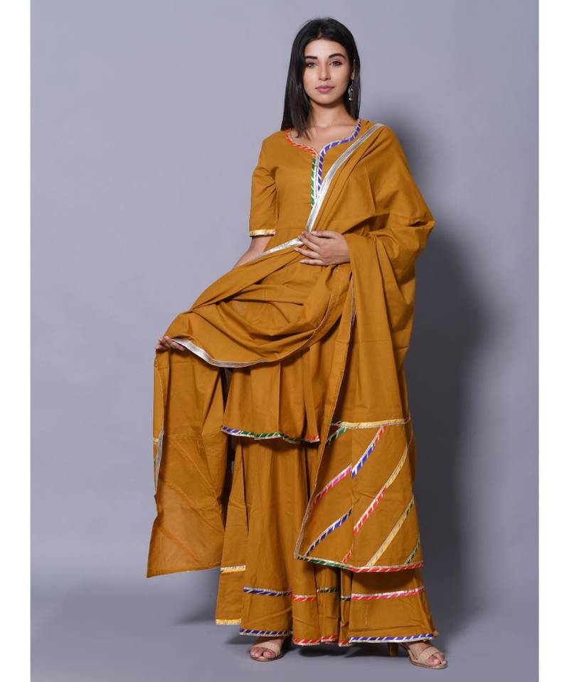 yellow block print cotton kurta sets