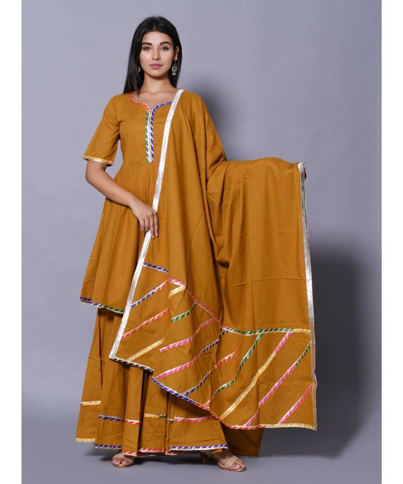 yellow block print cotton kurta sets