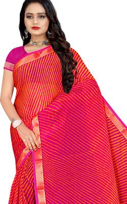 Pink Printed chiffon saree with blouse 4