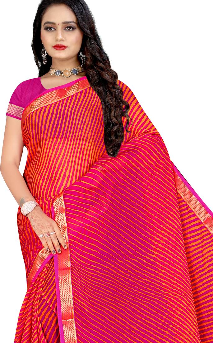 Pink Printed chiffon saree with blouse