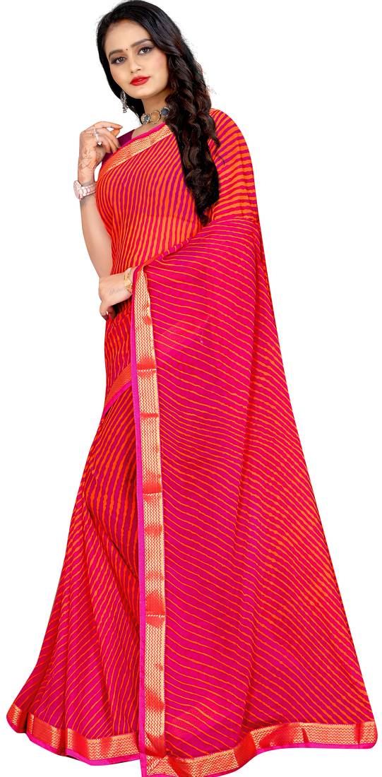 Pink Printed chiffon saree with blouse