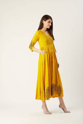 Pinksky Yellow woven viscose rayon maxi-dresses 5