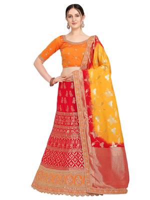 Red embroidered jacquard semi stitched lehenga 1