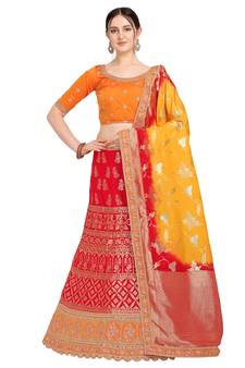 Red embroidered jacquard semi stitched lehenga