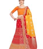 Red embroidered jacquard semi stitched lehenga