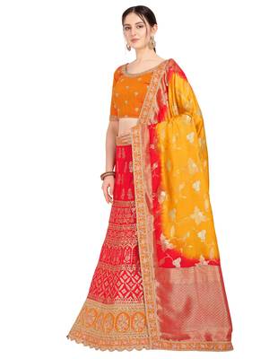 Red embroidered jacquard semi stitched lehenga 2