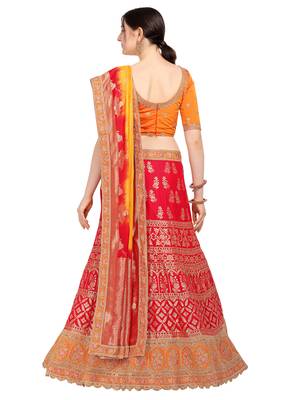 Red embroidered jacquard semi stitched lehenga 3