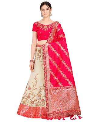 Beige embroidered art silk semi stitched lehenga 1