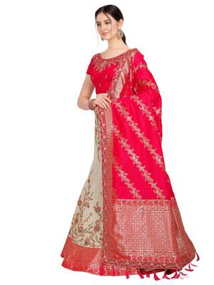 Beige embroidered art silk semi stitched lehenga 2