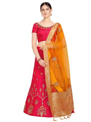 Magenta embroidered art silk semi stitched lehenga 1