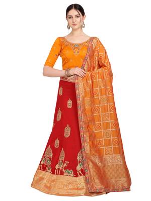 Red embroidered art silk semi stitched lehenga 1