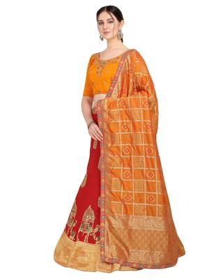 Red embroidered art silk semi stitched lehenga 2